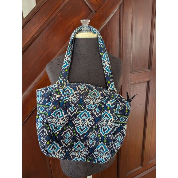 Vera Bradley Quilted Cotton Shoulder Bag Ink Blue & Green Pattern Dual Handles - Picture 2 of 9
